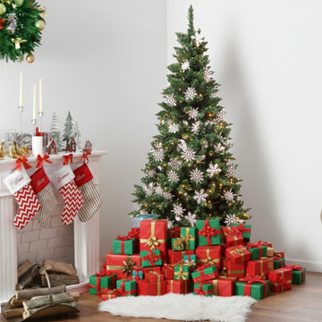 Olsen & Smith 7ft Large Snowy Artificial Christmas Tree – Pre-Lit Indoor Xmas Tree with 450 Warm White LED Lights, 48 Snowflake Ornaments, 1150 Branch Tips & Metal Stand